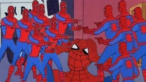 A cartoon image of multiple Spider-Men pointing at each other.